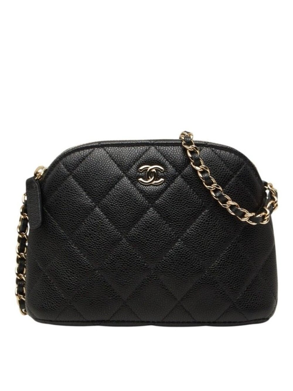 Chanel CC Logo Quilted Classic Chain Shoulder Bag Pochette Black Gold Caviar